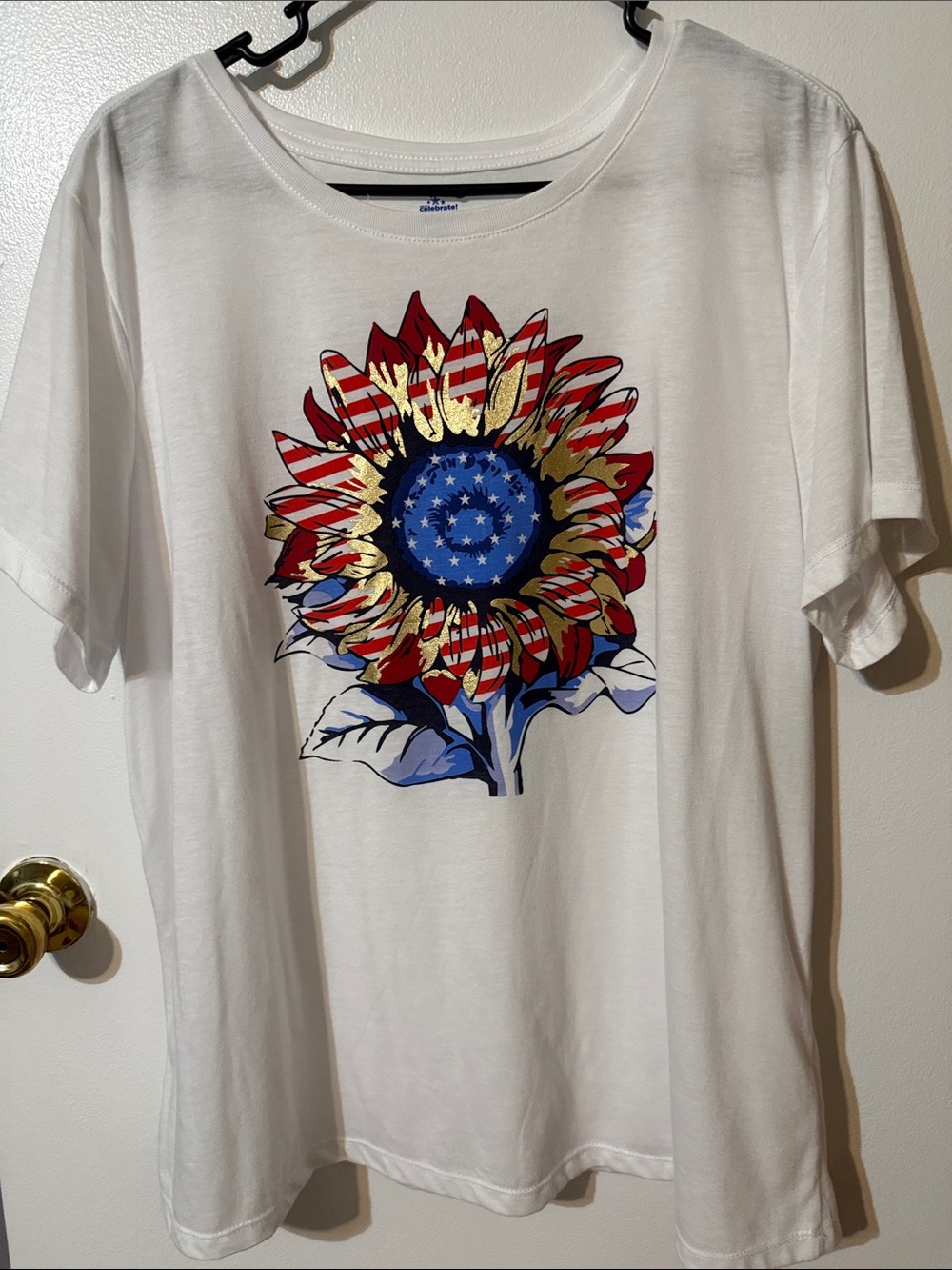 Women's White Short Sleeve Tee with Patriotic Sunflower Graphic